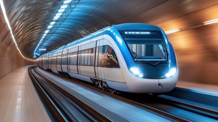 Fototapeta premium A modern train speeding through a futuristic tunnel, showcasing advanced transport technology.
