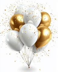 Elegant white and gold balloon cluster with confetti celebration theme