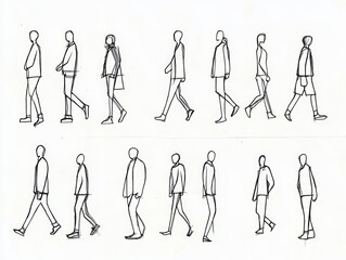 Minimalist Line Drawing of Human Figures in Various Poses and Activities