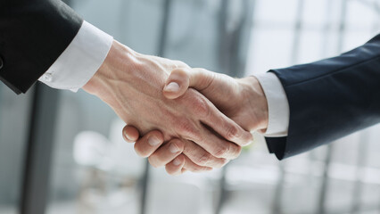 Hand shake man a in hallway for welcome, collaboration or business meeting with respect.