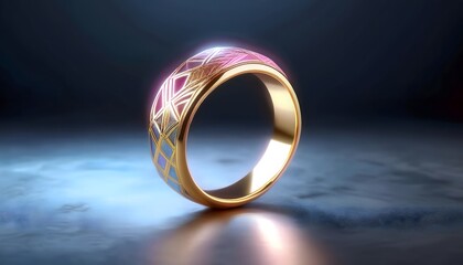 Gold ring with geometric patterns, minimalist aesthetic, 3D illustration, ring jewelry, trendy, aesthetic.