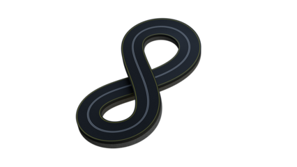 3D Infinity Loop Road Design: Winding Asphalt Highway Curves Through Floating Landscapes, Sunny Sky, and Endless Loops Symbolizing Speed, Mobility, Innovation, and Boundless Opportunities png