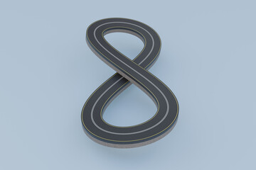 Fototapeta premium 3D Infinity Loop Road Design: Winding Asphalt Highway Curves Through Floating Landscapes, Sunny Sky, and Endless Loops Symbolizing Speed, Mobility, Innovation, and Boundless Opportunities png