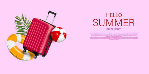 realistic travel luggage,beach ball ,swim ring and palm leaves decorative hello summer advertising banner vector illustration.