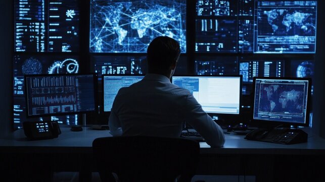 Cybersecurity Specialist Working Late at Night, Analyzing Data on Multiple Screens
