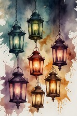 Obraz premium Vintage lanterns hanging from the ceiling in watercolor style