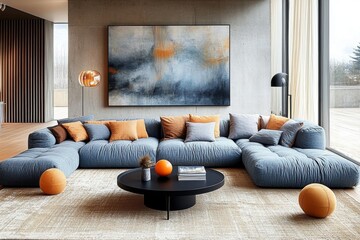 Modern Living Room with Blue Gray L Shaped Sectional Sofa Against Concrete Wall and Abstract Art
