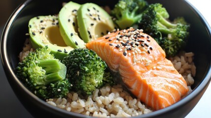 Omega-3 Rich Salmon and Brown Rice Bowl with Avocado