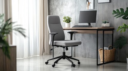 Modern workspace featuring a chair, desk, and computer, designed for productivity.