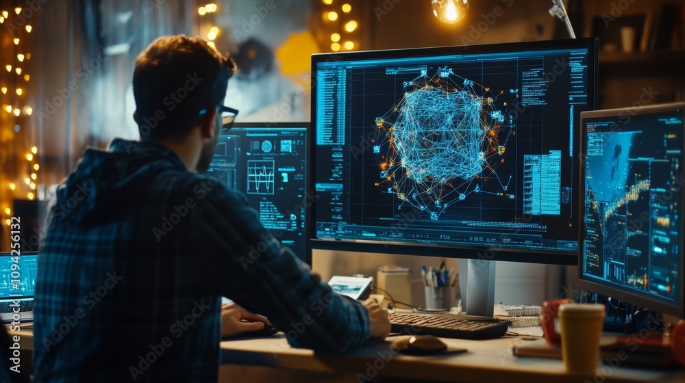 Poster tech enthusiast analyzing data visualization in cozy home office remote workspace digital environmen