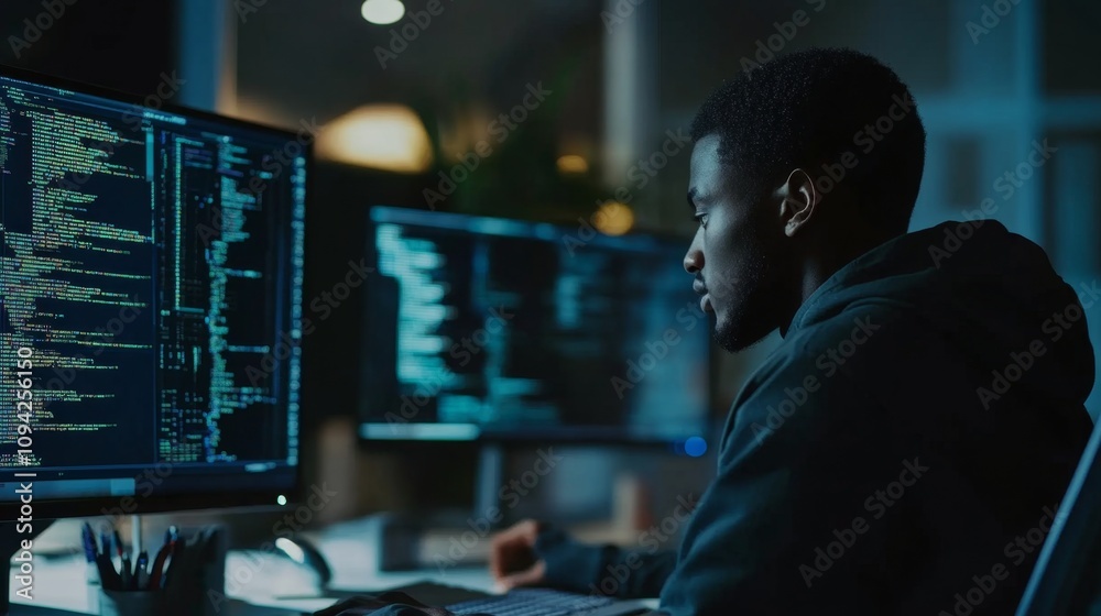 Poster data analysis action tech workspace digital environment night setting focused viewpoint on coding co