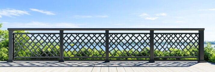 A decorative railing overlooking a scenic view of water and greenery.