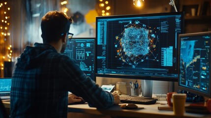 Fototapeta premium Tech enthusiast analyzing data visualization in cozy home office remote workspace digital environment focused perspective