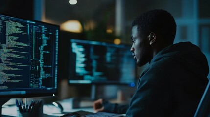 Data analysis action tech workspace digital environment night setting focused viewpoint on coding concepts