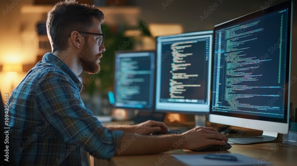 Poster programmer working on code at home office digital environment technology indoor focused perspective 