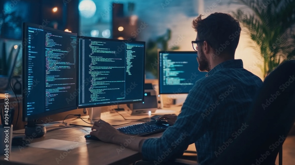 Poster software developer coding at night in a modern office digital workspace tech environment focused vie