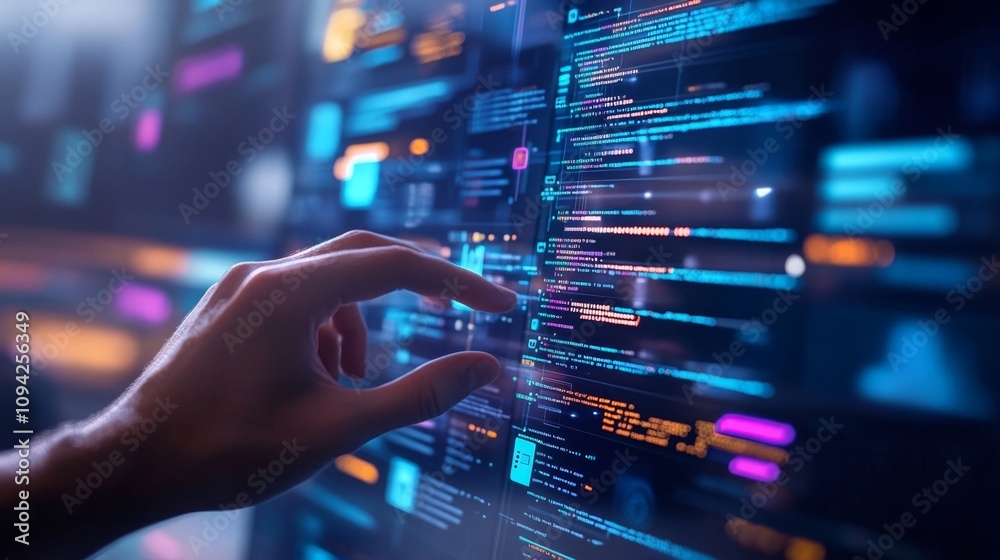 Poster coding innovation digital workspace technology visualization futuristic environment close-up perspec