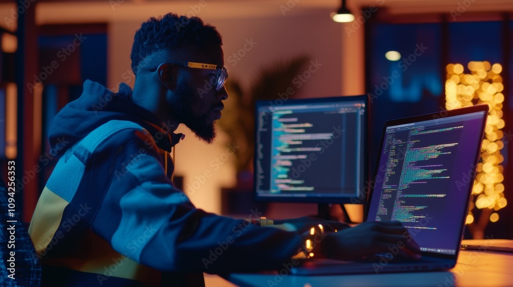 Poster tech enthusiast coding at night modern office environment digital workspace focused viewpoint innova