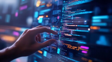 Fototapeta premium Coding innovation digital workspace technology visualization futuristic environment close-up perspective data interaction