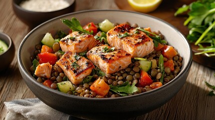 Omega-3 Rich Salmon and Lentil Salad with Lemon Dressing
