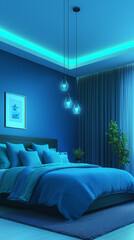 Modern blue bedroom with neon lighting and minimalist decor.
