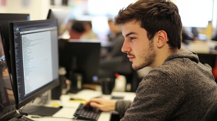 Tech professional working on a computer modern office digital workspace collaborative environment close-up view productivity focus