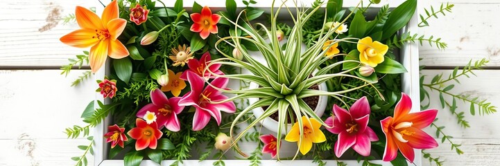 Obraz premium Air plant Tillandsia on a white wooden tray surrounded by lush greenery and exotic flowers, air plant, plant arrangement, tillandsia