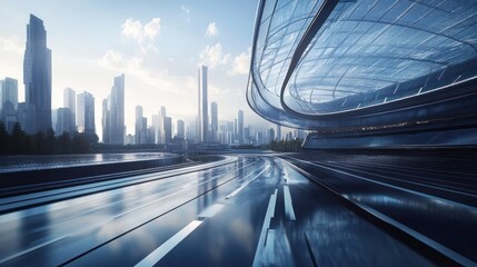 Fototapeta premium Futuristic urban landscape with sleek architecture and reflective surfaces.