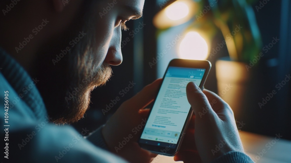 Poster man engaged with smartphone indoor setting technology use cozy environment close-up view digital com