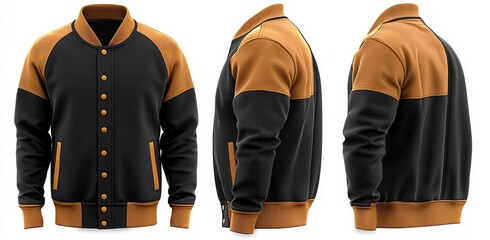 Varsity Jacket Black and Mustard Yellow Accents Front Back Side View Mockup Design