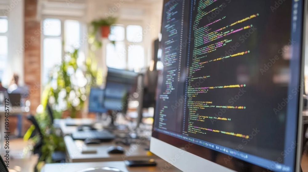 Poster coding session in modern office remote work environment digital workspace productivity focus tech in