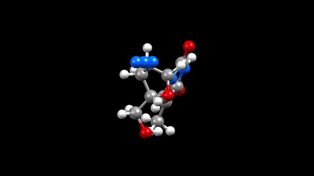 Structure of zidovudine, an antiretroviral drug. Animated 3D ball-and-stick and space-filled models, black background.