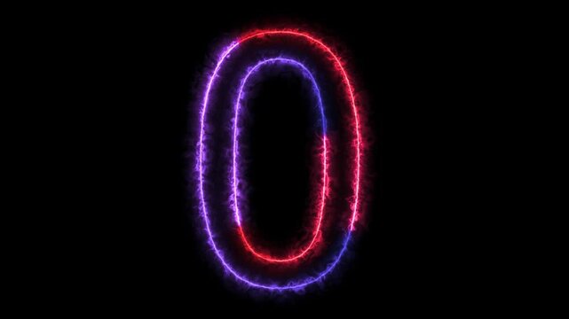 Animation of number 0 with red blue neon colors on the outline and isolated on black background. Number zero
