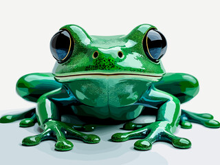 Green frog with glossy skin sitting on a flat surface under soft lighting in a colorful setting