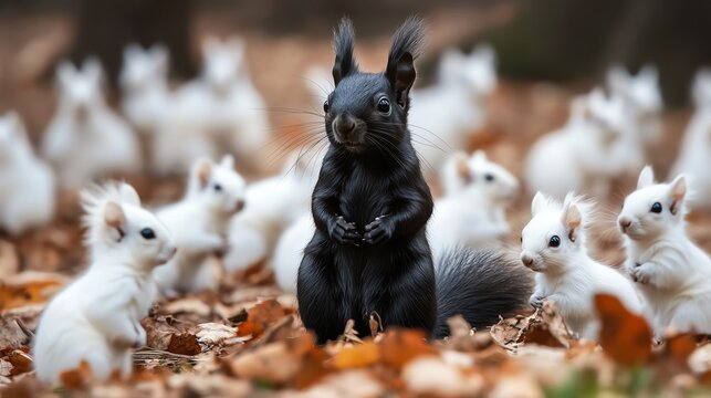 A striking black squirrel stands out among a group of white squirrels in a forest filled with colorful autumn leaves.