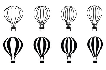 Parachute icon, vector set. Hot air balloon icon, silhouette design. Symbol of parachute, balloon, airdrop box, transport. Line icon of parachute, hot air balloon. Vector illustration.