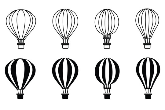 Parachute icon, vector set. Hot air balloon icon, silhouette design. Symbol of parachute, balloon, airdrop box, transport. Line icon of parachute, hot air balloon. Vector illustration.