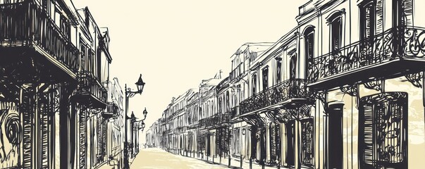 A sketch of a quaint street with ornate balconies and vintage street lamps.