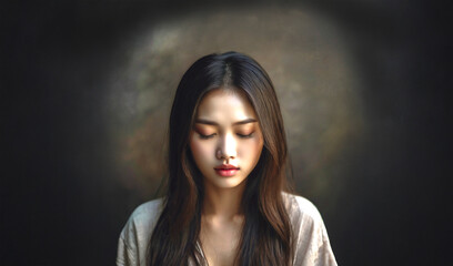 Fototapeta premium 目を閉じて深く瞑想する若い女性