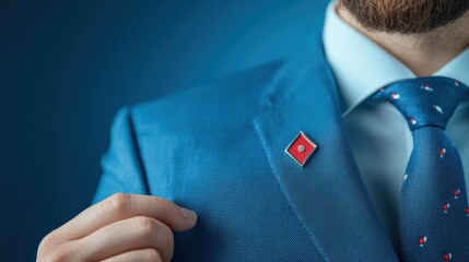 A close up shot of a person pinning a commemorative lapel pin to their blazer, symbolizing achievement or membership in an organization.