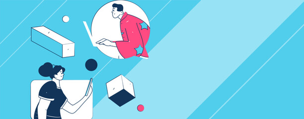 Virtual characters social communication concept business flat vector hand drawn illustration
