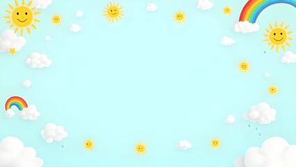 Bright Horizons A Cheerful Sky with Suns, Raindrops, and Rainbows Background