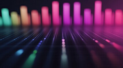 A vibrant digital audio visualization featuring colorful sound bars and glowing lights against a dark background.