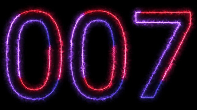 Animation of number 007 with red blue neon colors on the outline and isolated on black background. Number double-o seven