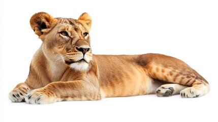 Obraz premium A female lion lies gracefully on a white background, showcasing its majestic features and powerful build.