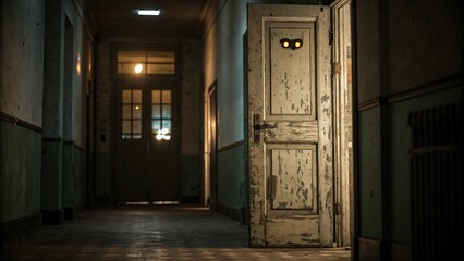 A pair of glowing ghostly eyes peer out from behind a haunted door amidst a dimly lit hallway, ghostly apparitions, spooky atmosphere, dark corridors, mysterious shadows, creepy door