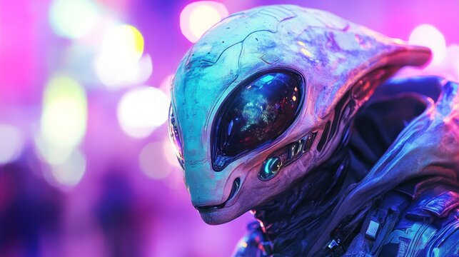 Neon Nights: Close Encounter with an Alien in Futuristic Cityscape