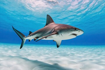 Fototapeta premium A Playful Hammerhead Shark Swimming in a Vivid White Expanse