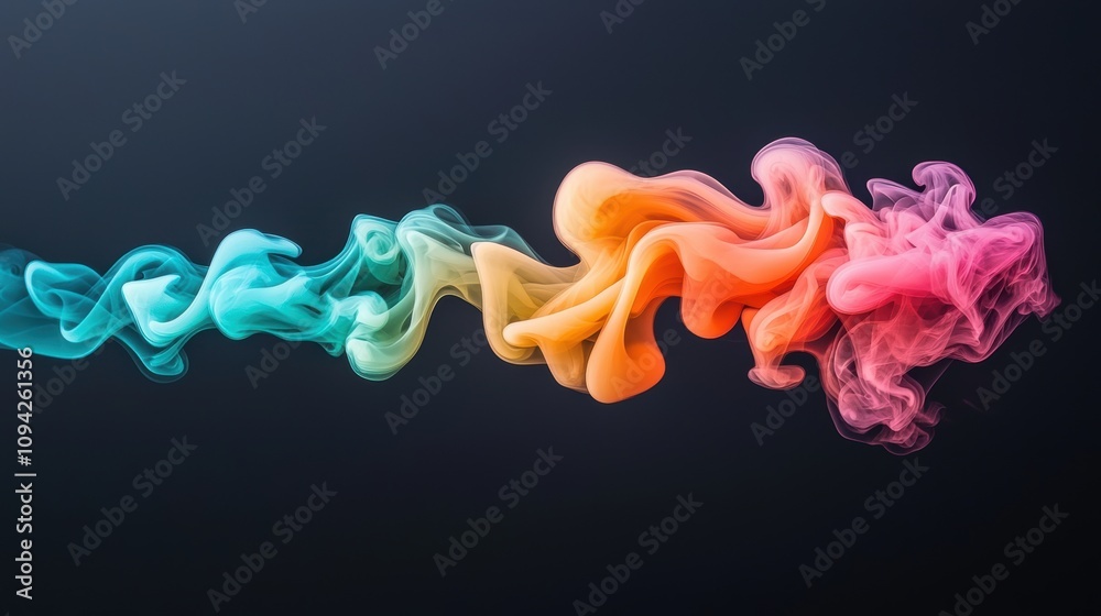 Poster swirling patterns of colorful smoke against a black backdrop, creating abstract shapes and forms tha