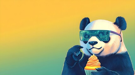 Fototapeta premium Panda with VR Glasses Eating Cupcake